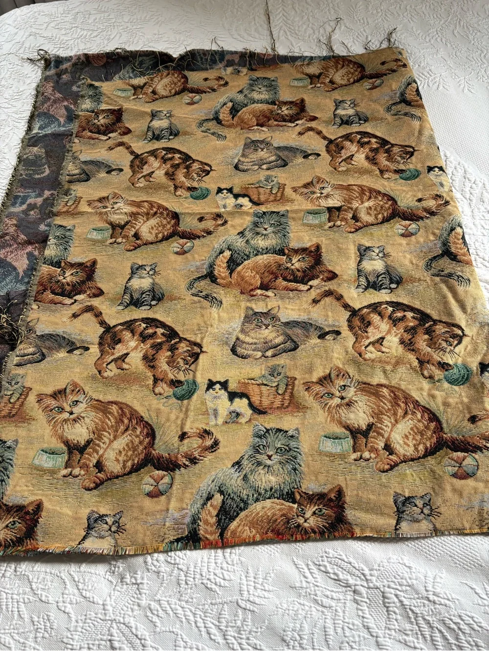 Vintage fabric tapestry woven cat kitten 1 yard x 55” wide